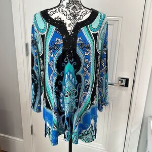 JM Collection Top Womens 2X Blue Beaded V-Neck Blouse Stretch Ladies